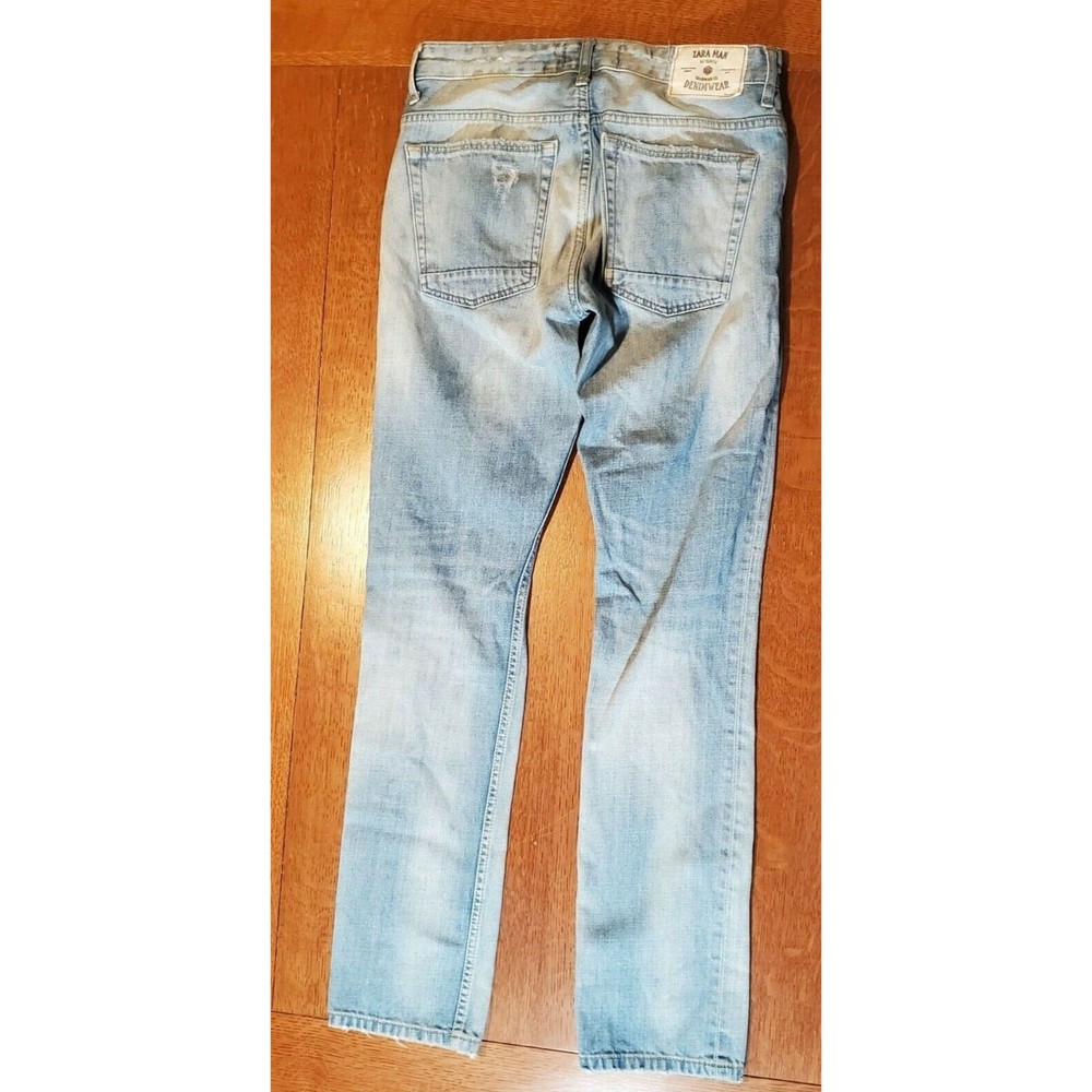 Zara Man Jeans Button Fly Distressed Holes Light Blue - Men Size‎ 29"W x 31"L - Picture 4 of 7